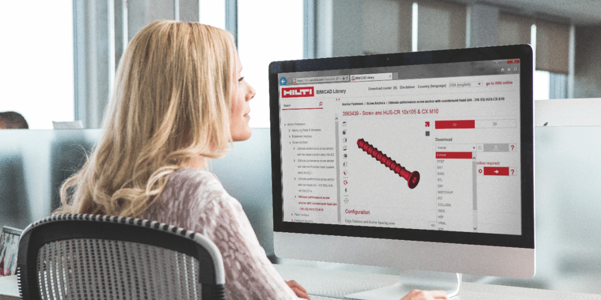 Zugriff des Kunden auf die Hilti BIM/CAD-Bibliothek auf einem Desktop-Computer