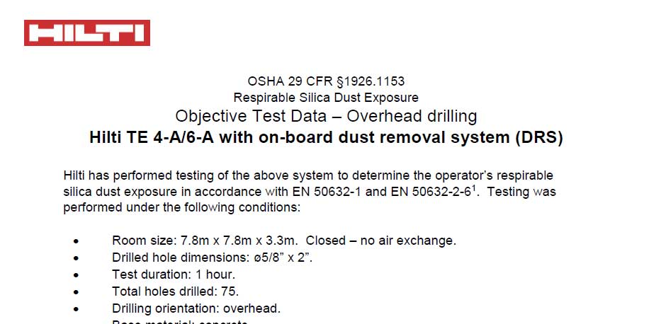 Hilti Objective Test Data Respirable Silica Dust Exposure