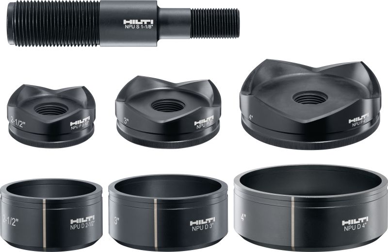 NPU Knockout sets (1/2 to 2”) or (2-1/2 to 4”) Knockout die, punch, and draw stud sets for punching ½ - 4” diameter conduit holes in up to 10-gauge steel