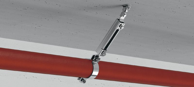MQS-SP-T Galvanized pre-assembled strut channel connector with FM approval for transversal seismic bracing of fire sprinkler pipes Applications 1