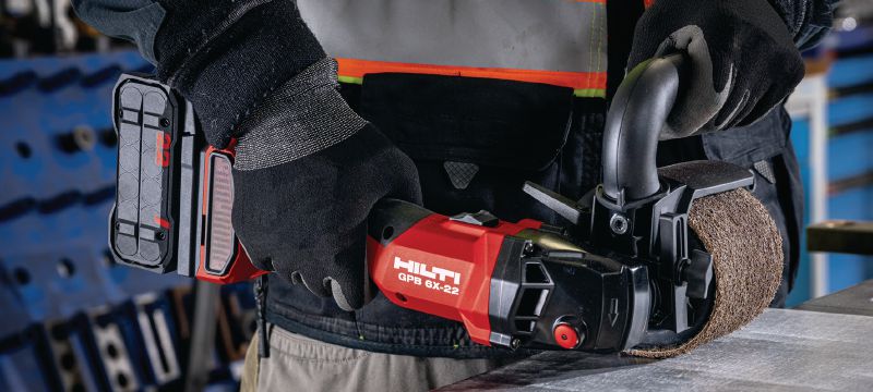 GPB 6X-22 Cordless burnisher Variable-speed cordless burnishing tool with upgraded performance and battery run time for grinding and finishing metals (Nuron battery platform) Applications 1
