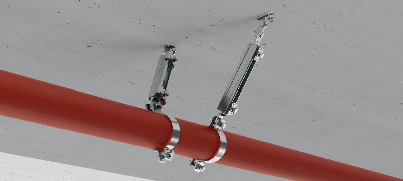 MQS-SP-T Galvanized pre-assembled strut channel connector with FM approval for transversal seismic bracing of fire sprinkler pipes Applications 1
