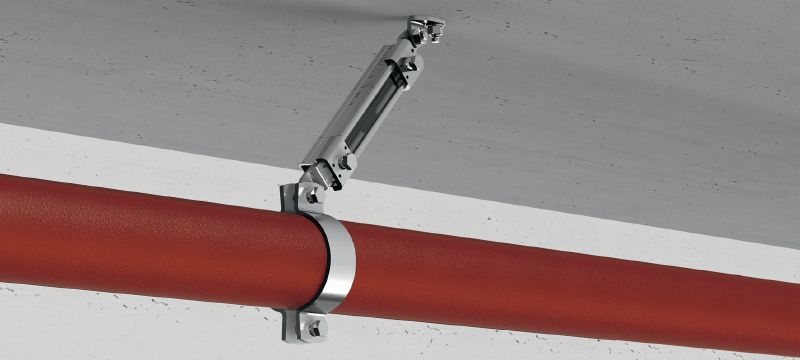 MQS-SP-L Galvanized preassembled channel connector with FM approval for longitudinal seismic bracing of fire sprinkler pipes Applications 1